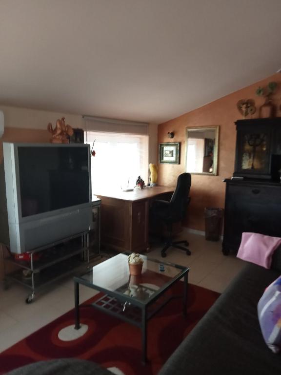 ein Wohnzimmer mit einem TV und einem Tisch in der Unterkunft Agriturismo Amore mio da Tony e Giusy in Guardiagrele