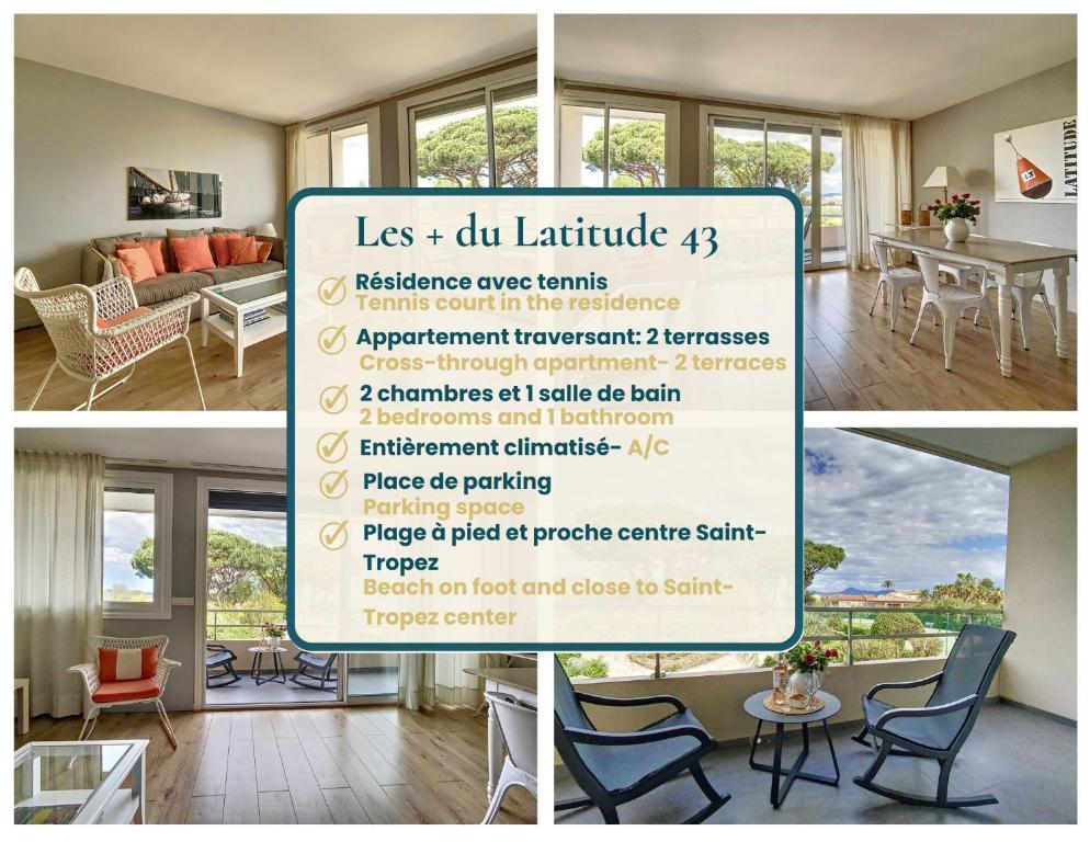 un collage de photos d'un salon avec un panneau dans l'établissement Latitude 43-Apartment-Saint-tropez-tennis, à Saint-Tropez