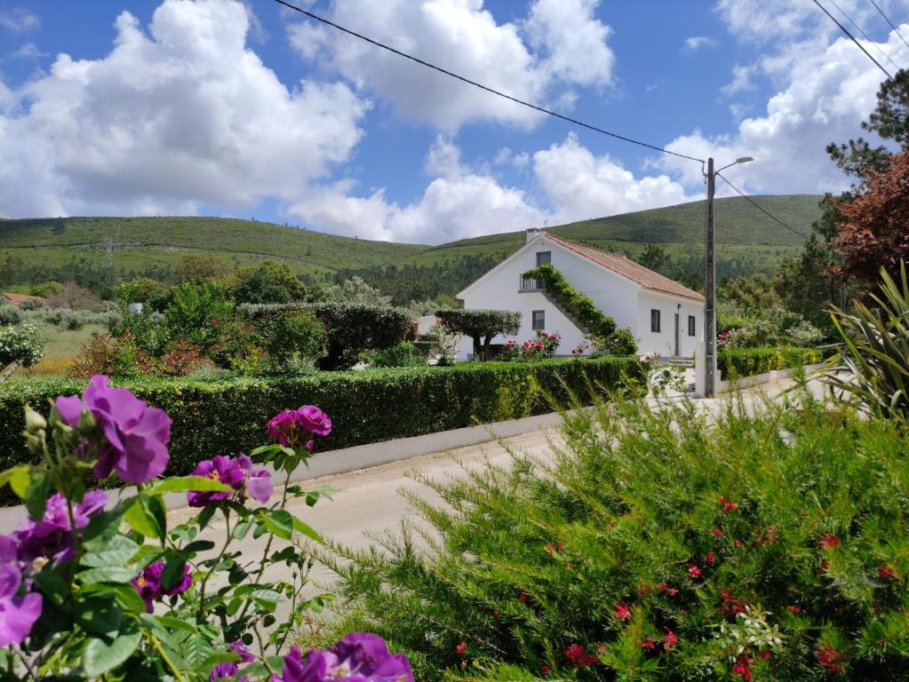 widok z ogrodu domu z kwiatami w obiekcie Casa Dos Vales 11 w mieście Pedreiras