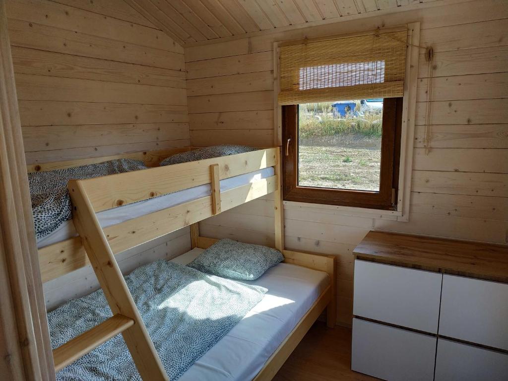 a bedroom with two bunk beds in a cabin at Dwa domki w Borach Tucholskich in Wełpin