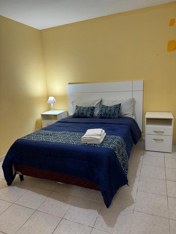 a bedroom with a large bed with a blue comforter at Departamentos Malargue in Malargüe
