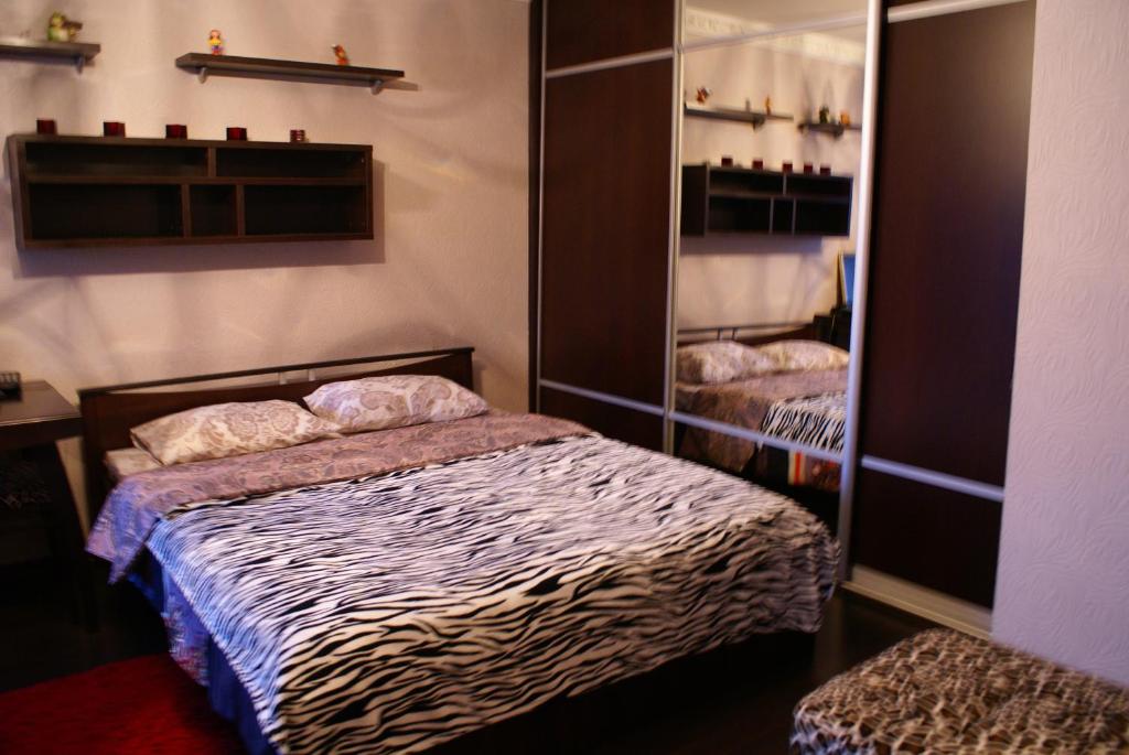 モスクワにあるOdnushka Na Paveleckoyのベッドルーム(ベッド1台、鏡付)