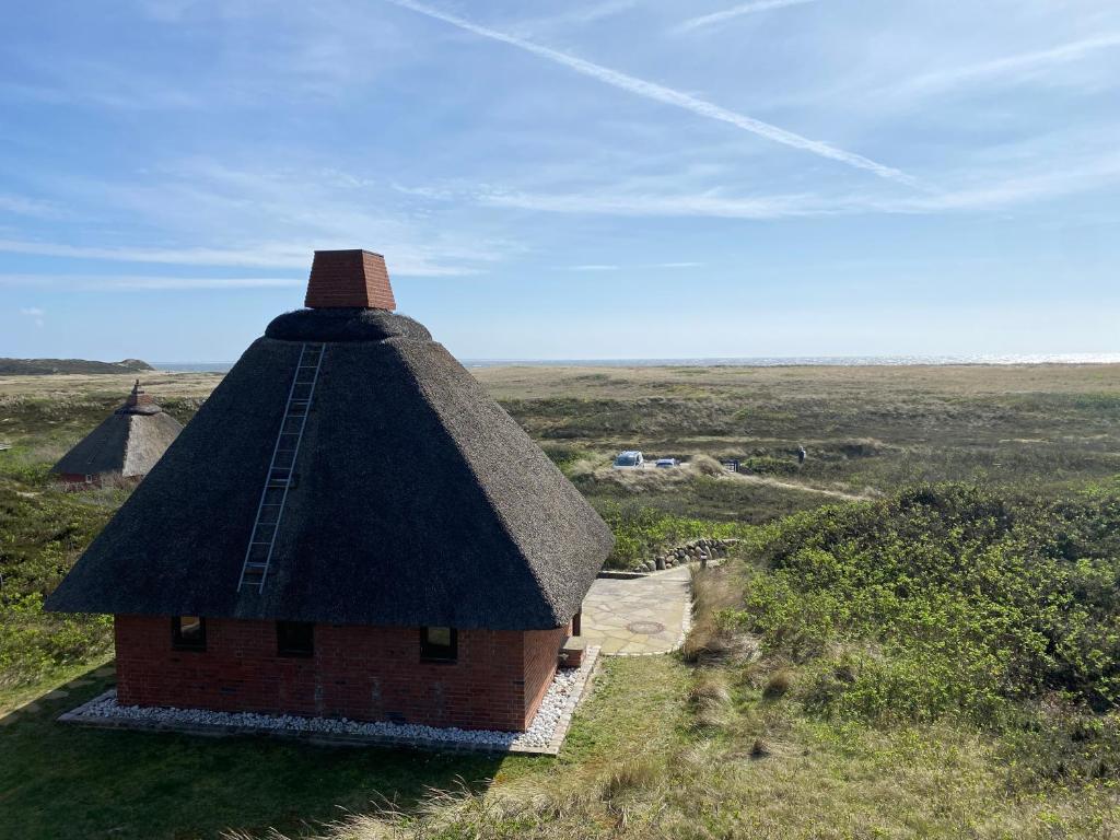 an old house with a thatched roof in a field at Lütje Hüs 2 in Hörnum