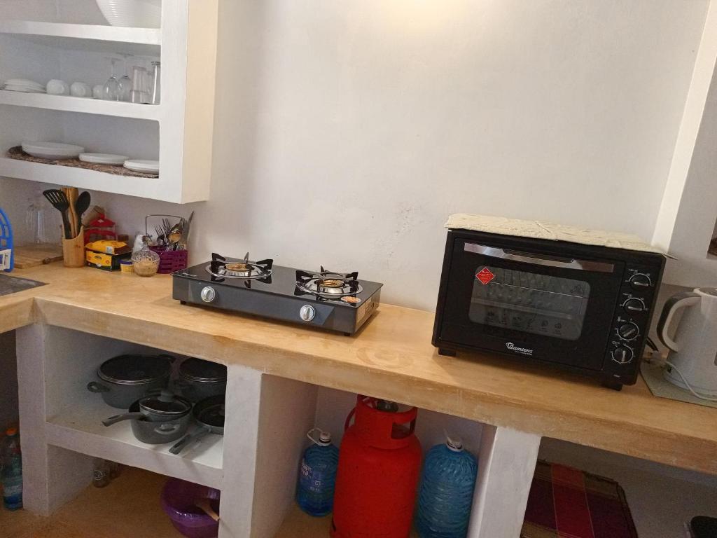 Shela的住宿－Happiness House，厨房的台面上有一个微波炉