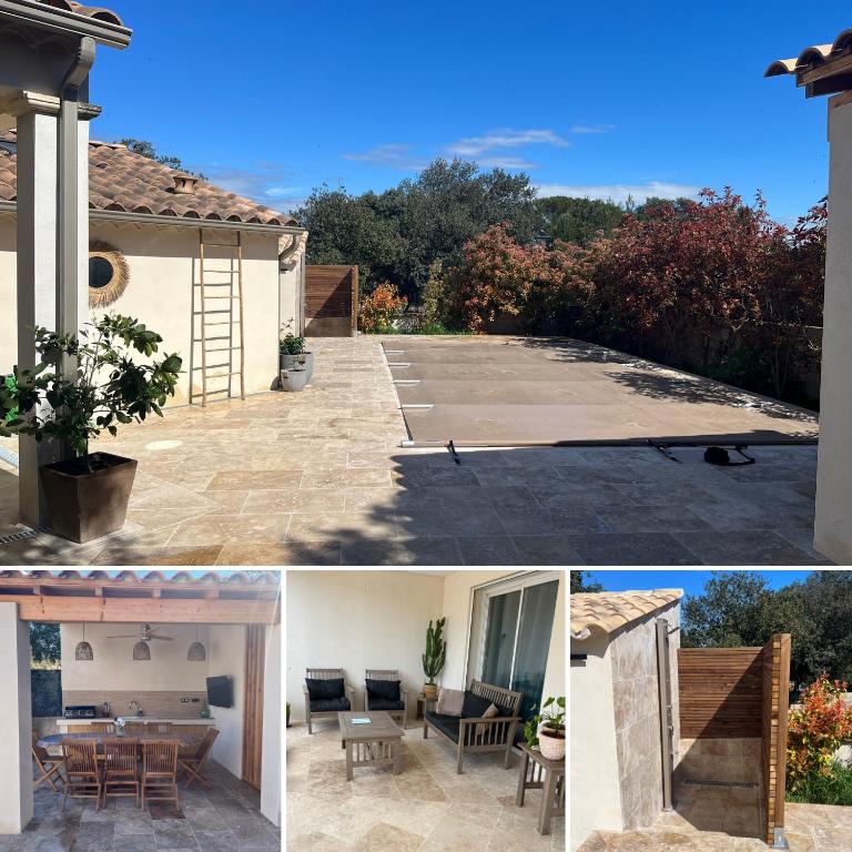 un collage de photos d'une maison avec un patio dans l'établissement Villa piscine + studio indépendant, à Collias