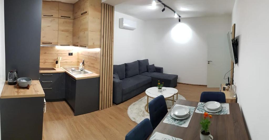 シュコダルにあるApartment Kraja Shkoderの青いソファとキッチンのあるリビングルーム