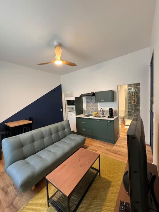 un salon avec un canapé et une télévision et une cuisine dans l'établissement Le singulier, à Sète