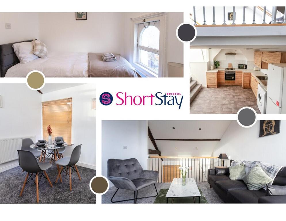 a collage of photos of a bedroom and a living room at May Disc - Long Stay - Contractors in Cardiff