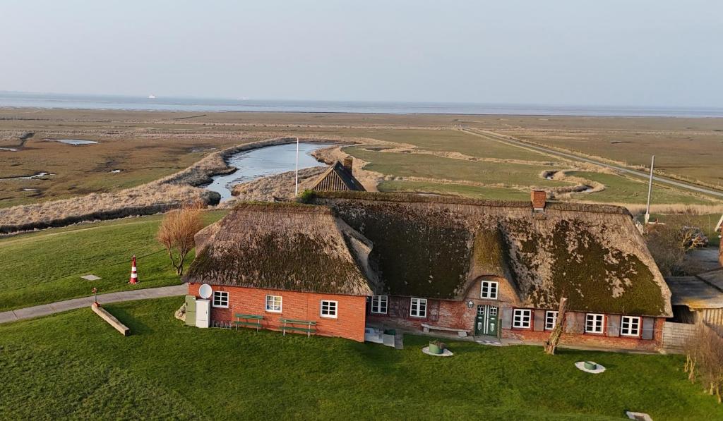 an aerial view of a house with a grass roof at Huus Hannchen in Langeneß