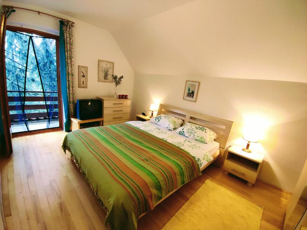a bedroom with a bed and a television and a window at Garden House in Sarajevo