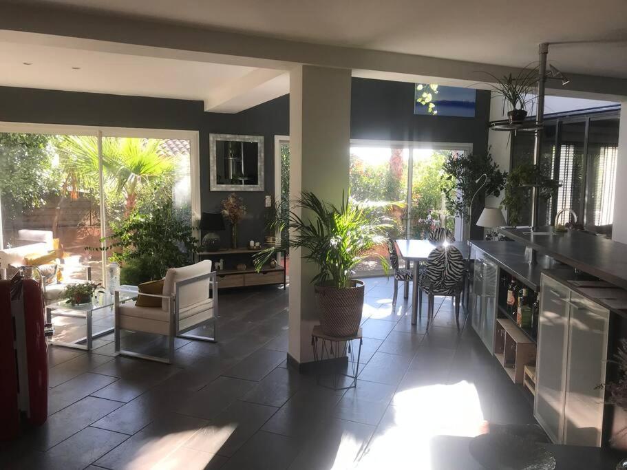 eine Küche und ein Esszimmer mit Topfpflanzen in der Unterkunft Villa moderne in Vendargues