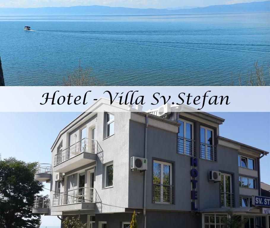 een hotel met uitzicht op het water bij Rooms Sveti Stefan in Ohrid