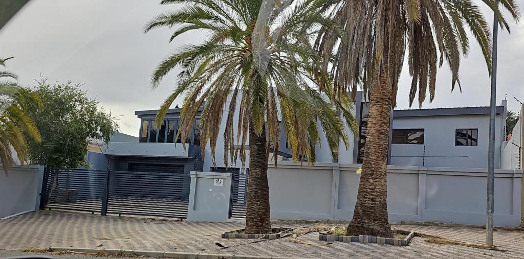 dos palmeras delante de un edificio en Li-Bru Self Catering Accommodation, en Windhoek