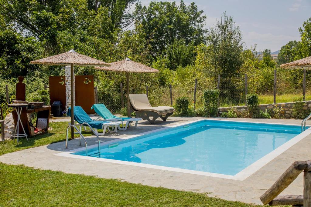 una piscina con 2 sillas y 2 sombrillas en Alexander Aqua Oasis - Poolside Garden Getaway, en Evkarpía