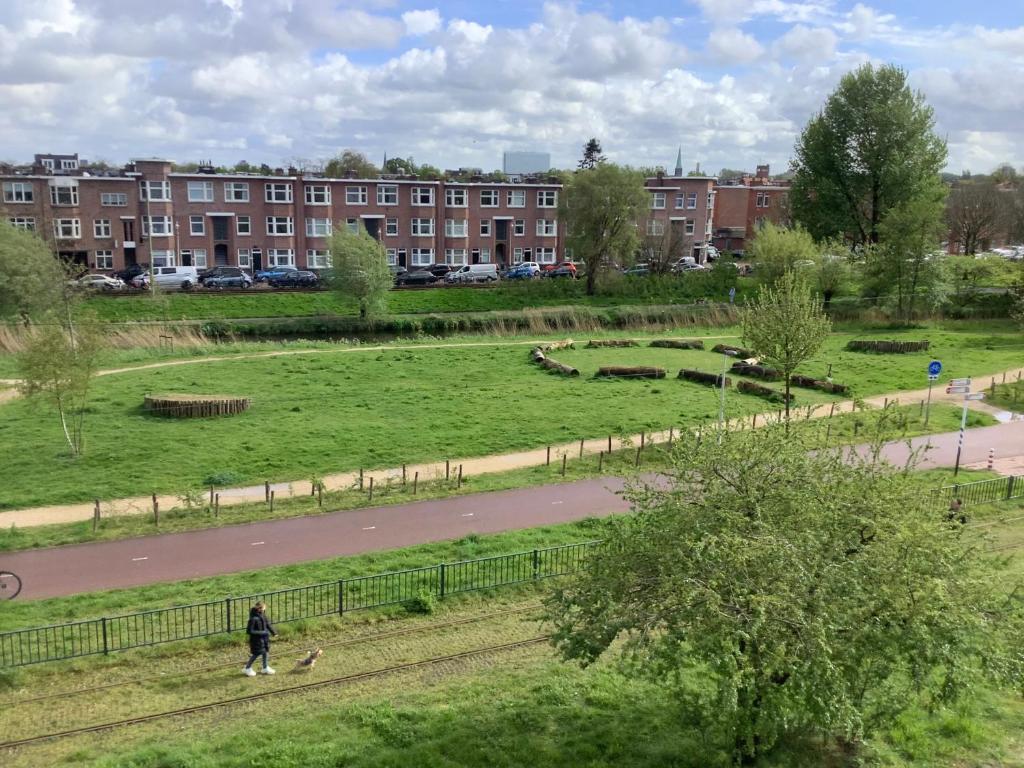 una persona paseando perros en un parque con un edificio en Geniet van de rust en uitzicht en The Hague