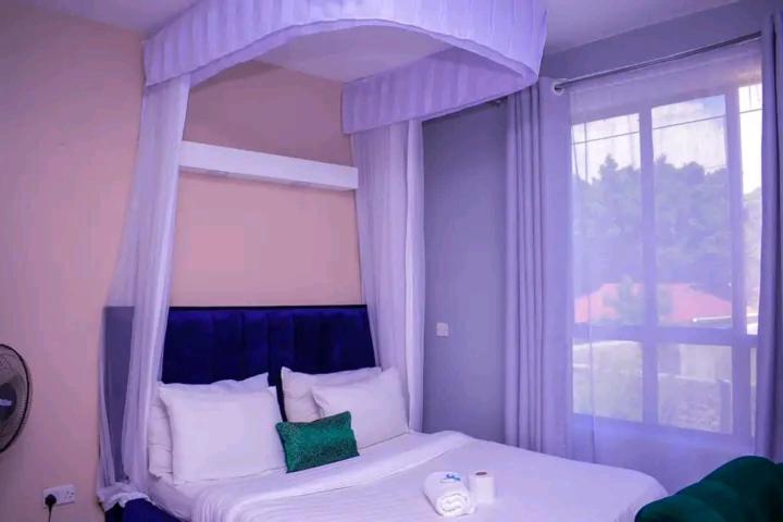 a bedroom with a canopy bed with a window at BELCH Studio Apartment in Kisumu