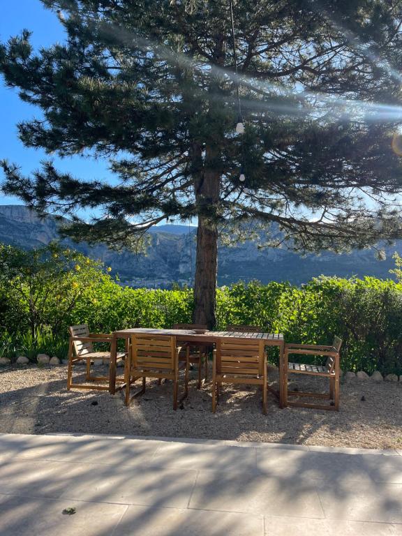 a picnic table and two benches under a tree at Villa Bello Visto in Moustiers-Sainte-Marie