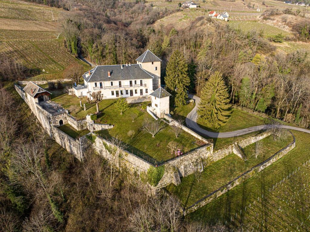 - une vue aérienne sur une grande maison sur une colline dans l'établissement CHATEAU D'APREMONT, à Apremont