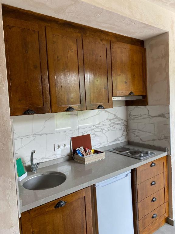 a kitchen with a sink and wooden cabinets at MAVİ AT HOTEL Blue Horse in Gümüşdere