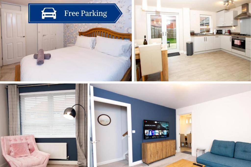 two pictures of a bedroom and a living room at Cosy Home in Picturesque Village Cottingham in Cottingham