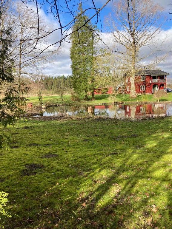 a house in the middle of a field with a pond at BNB Schweizerhuset in Ringsted