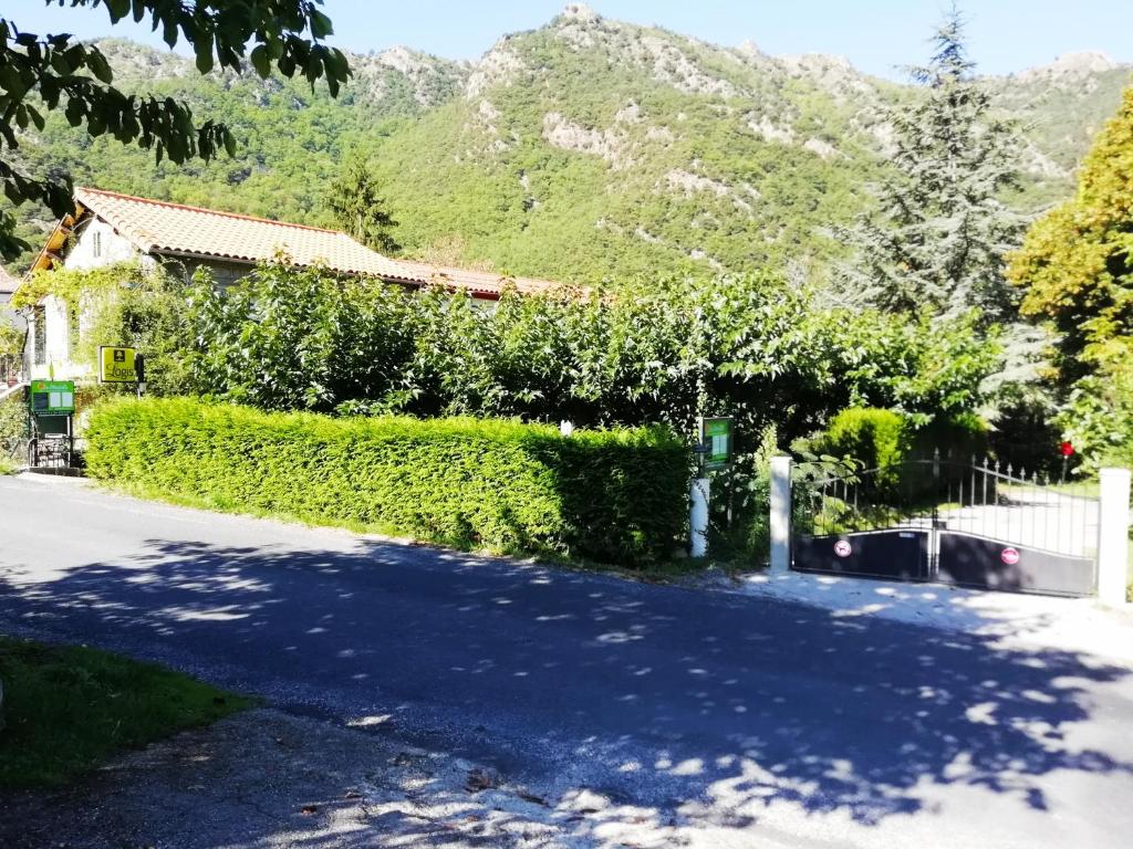 a driveway with a hedge and a house at St Martin du Canigou in Casteil