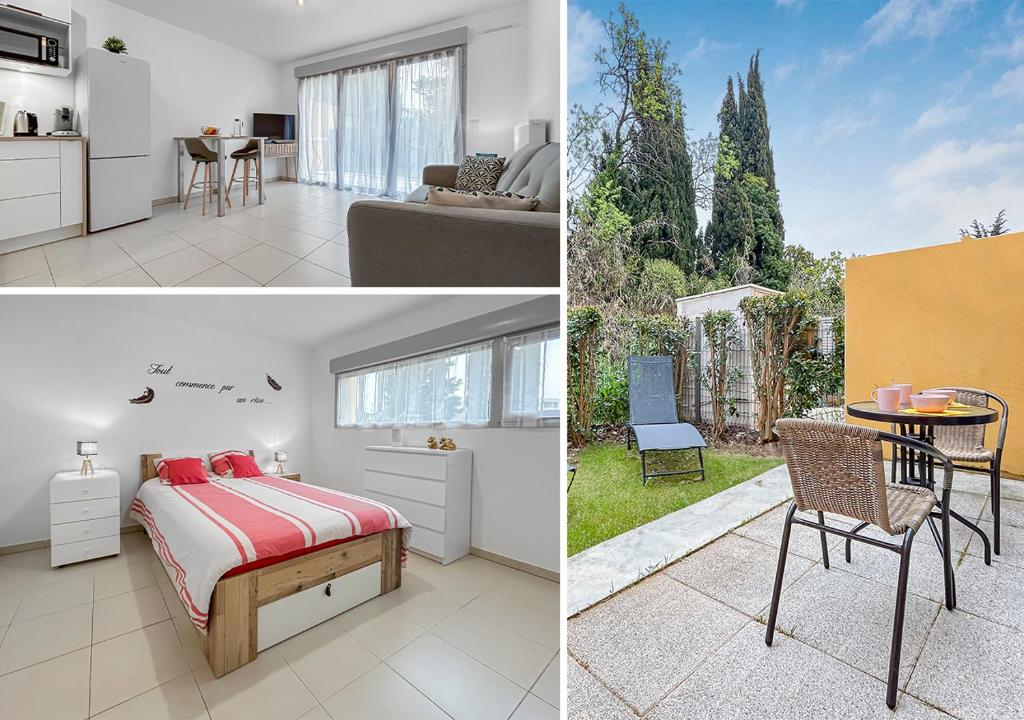 une chambre et un salon avec un lit et une table dans l'établissement Vivez Lunel-Clim-Wifi Fibre-Parking Privé-Patio T2, à Lunel