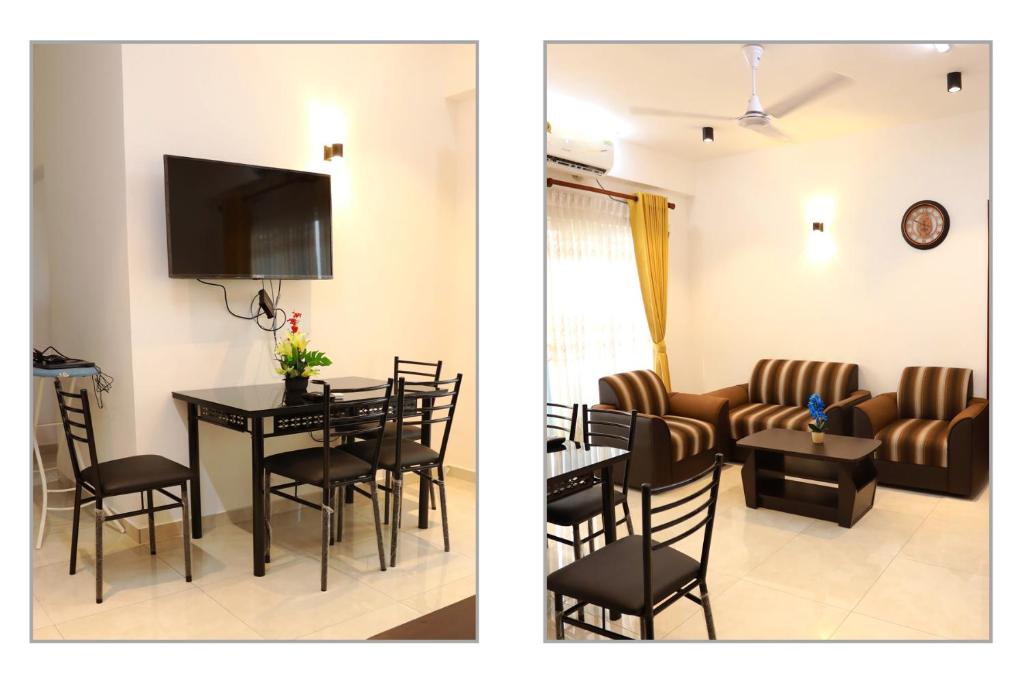a dining room and a living room with a table and chairs at Two Bed Roomed, Fully Furnished & Air Conditioned Apartment with Sea View for Rent at Beach Road, Mount Lavinia in Mount Lavinia