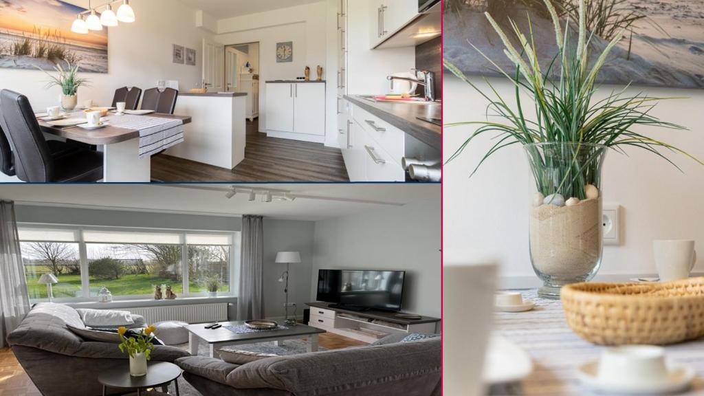 a collage of photos of a kitchen and a living room at Mariannes Hues Wohnung 1 in Borgsum