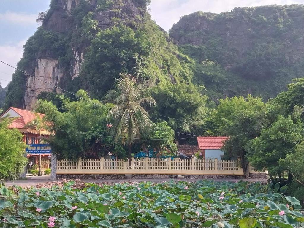 a house with a fence in front of a mountain at Trang An Elegant Homestay in Ninh Binh