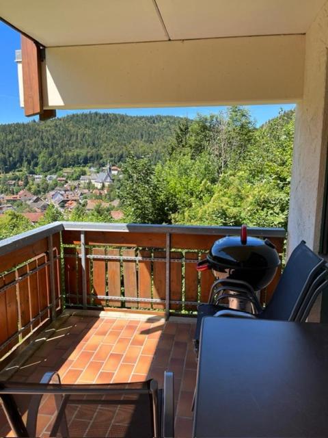 a balcony with chairs and a view of a mountain at Ferienwohnung Schöne Aussicht in Todtmoos