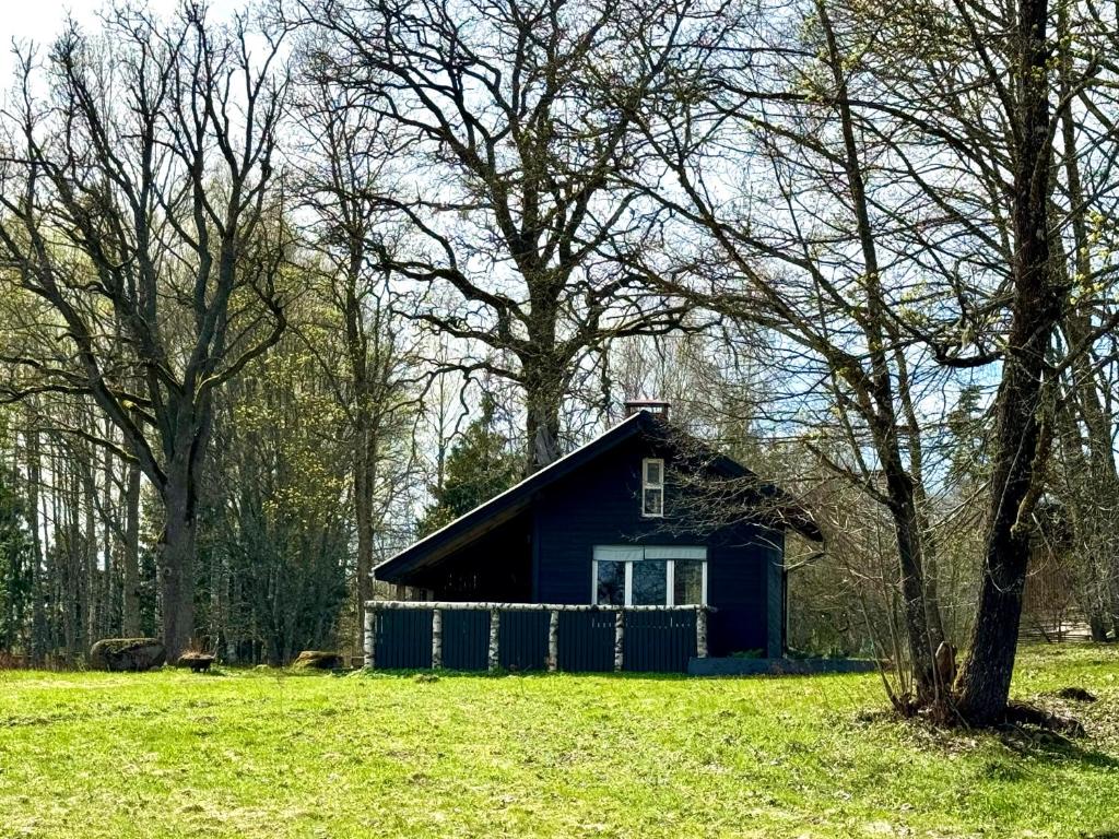 a small blue house in a field with trees at PLŪSME Restart House in Lielstraupe