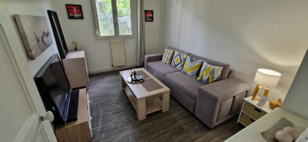 un salon avec un canapé et une table dans l'établissement T2 idéal JO, à Villejuif