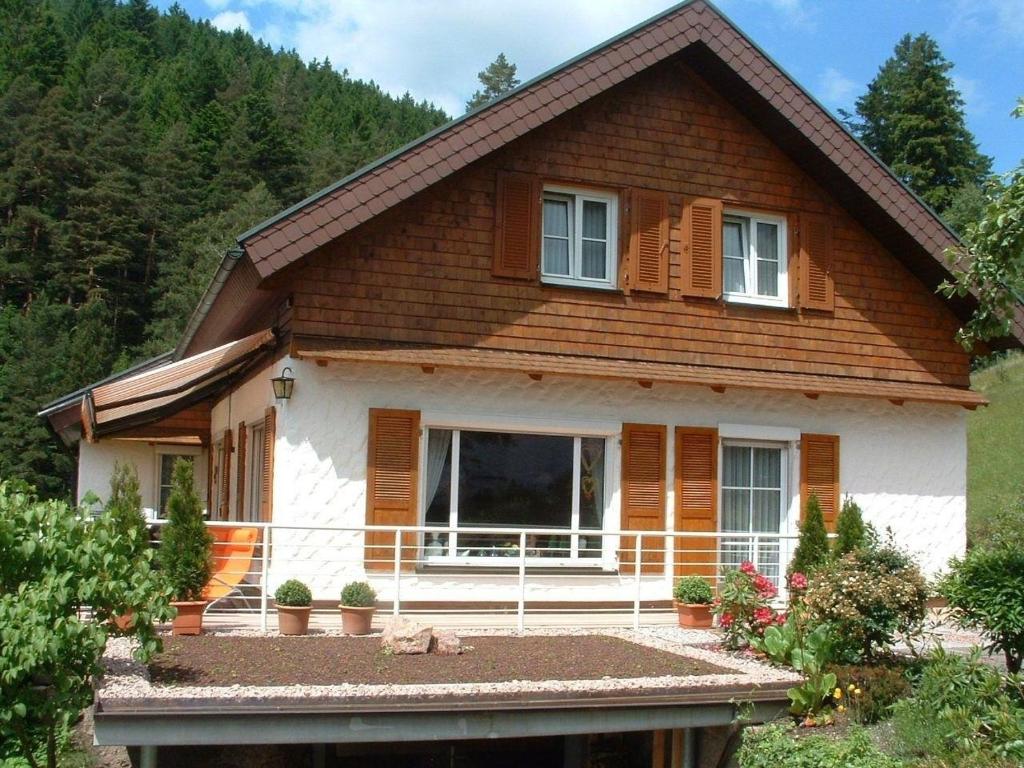 ein Haus in den Bergen mit einem Hund davor in der Unterkunft FeWo Talblick - Urlaub wo der Schwarzwald am schönsten ist in Baiersbronn