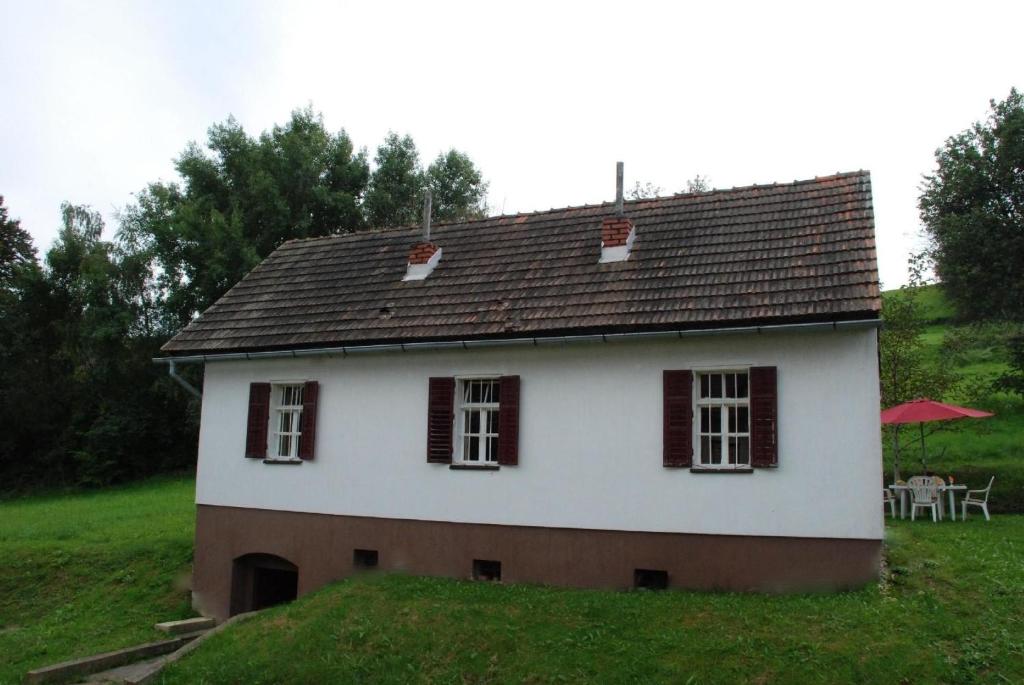 een wit huis met rode ramen op een groen veld bij Ruhig gelegenes Ferienhaus für erholsamen Urlaub auf dem Land inmitten der Thermenregion Sloweniens in Mala Nedelja