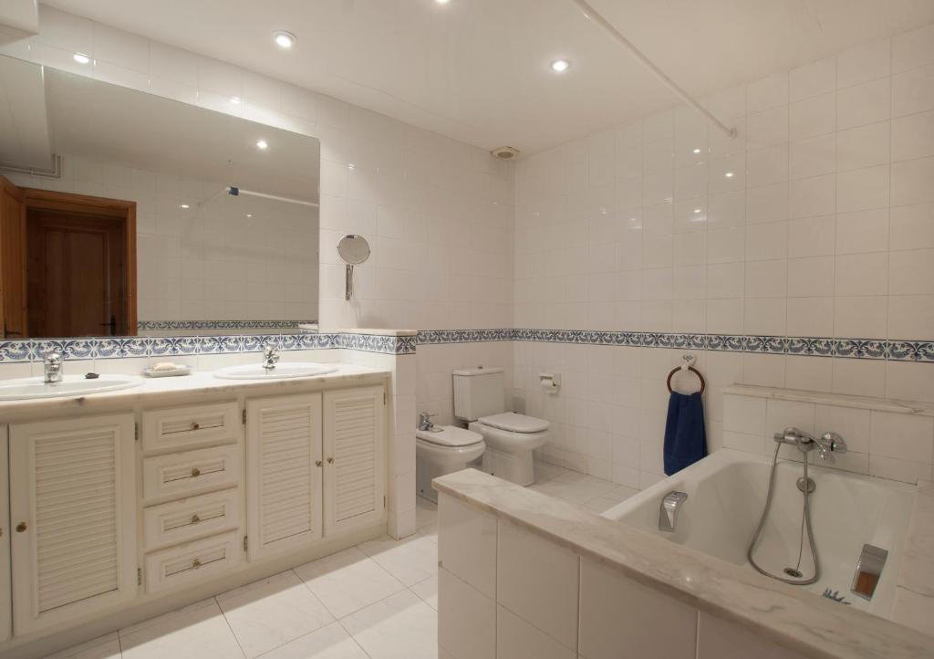 uma casa de banho com uma banheira, um lavatório e um WC. em Masia Olivera em Sant Pau dʼOrdal
