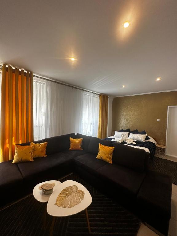 Apartment Reduta Celebration في بوبراد: غرفة معيشة مع أريكة وسرير