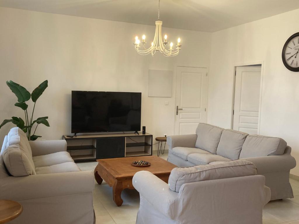 een woonkamer met 2 banken en een televisie bij La petite fermette in Saint-Maur