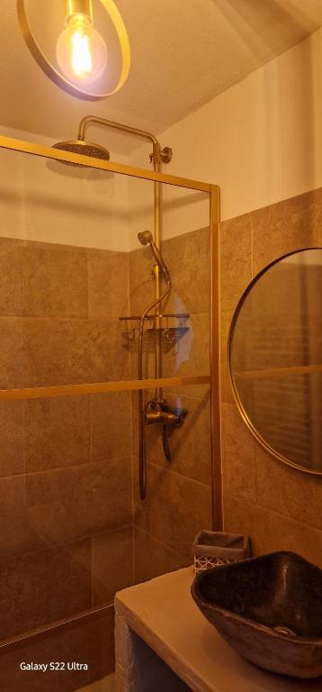 een badkamer met een douche en een wastafel bij Le bord de mer pour 4 personnes in Six-Fours-les-Plages