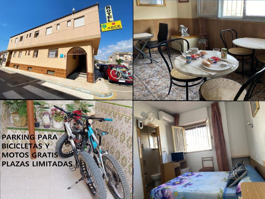 ein Zimmer mit einem Fahrrad, das vor einem Gebäude geparkt ist in der Unterkunft Hotel Arce in San Pedro del Pinatar
