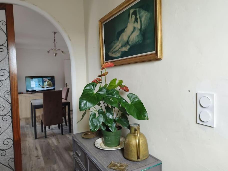 une table avec une plante et un tableau sur un mur dans l'établissement Appartement tout confort d'une villa, à Canet
