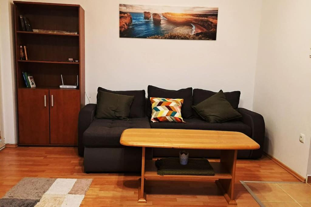 - un salon avec un canapé noir et une table en bois dans l'établissement Zöld Orom Apartman Lakás, à Göd