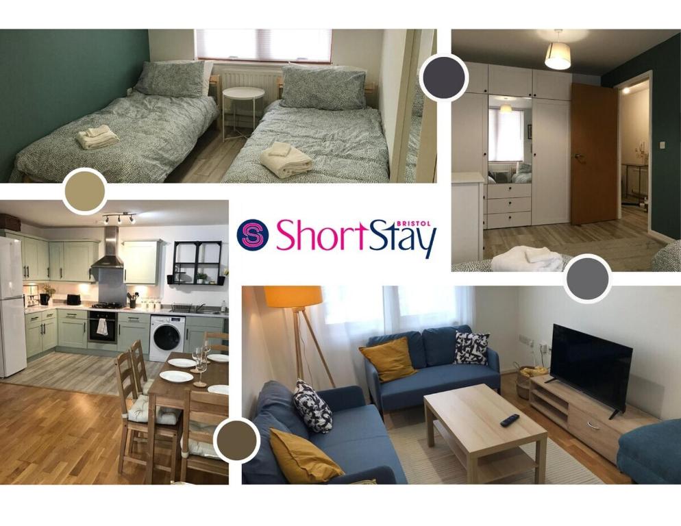 een collage van een woonkamer en een korte kamer bij May Disc - Long Stay - Contractors in Bristol
