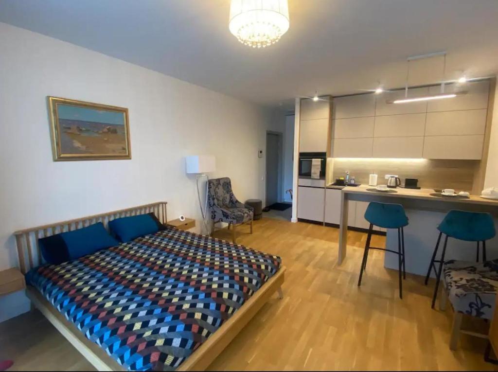 ein Schlafzimmer mit einem Bett und einem Tisch sowie eine Küche in der Unterkunft Apartment Viesturdārz in Riga