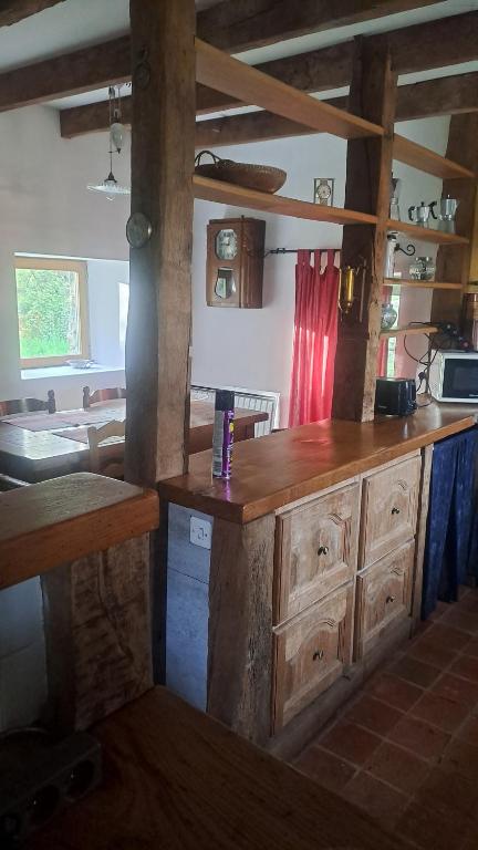 a kitchen with wooden cabinets and a counter top at gite de la Chevrie in La Baconnière