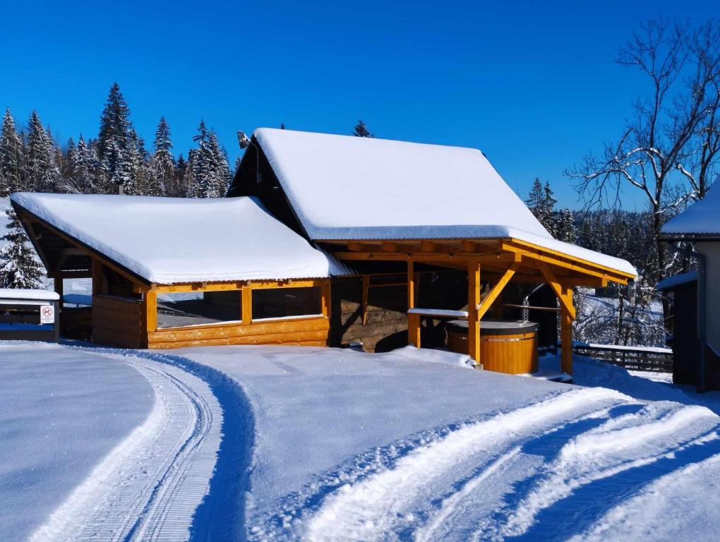 een hut bedekt met sneeuw met een pad bij Agroturystyka Pod Gronikami in Danielky