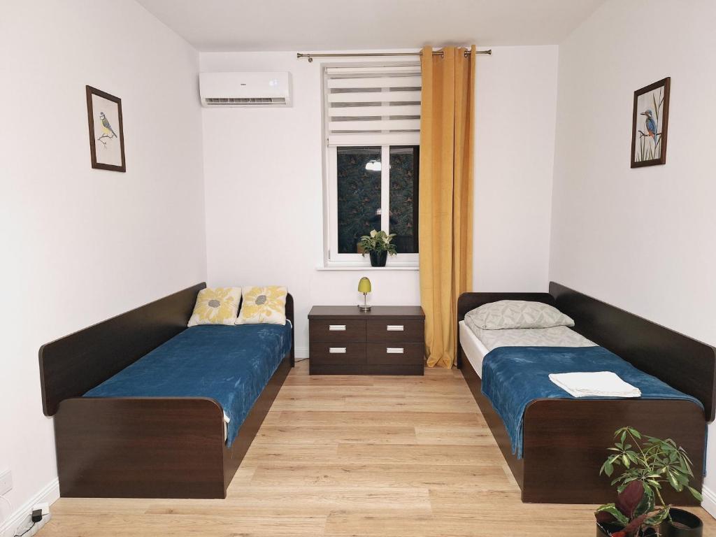 sypialnia z 2 łóżkami i oknem w obiekcie agroturystyka Drużno w Elblągu
