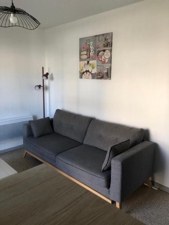 a gray couch in a living room with a wall at Appartement T2 in Six-Fours-les-Plages