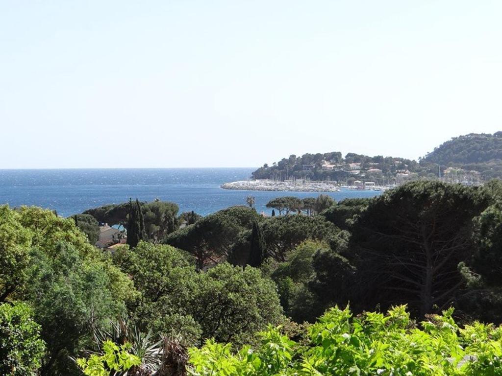 - une vue sur l'océan depuis une colline arborée dans l'établissement Villa 4 chambres avec piscine et terrasses - FR-1-100-239, à Cavalaire-sur-Mer