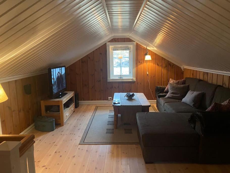 a living room with a couch and a tv at Heimro in Torvetjørn
